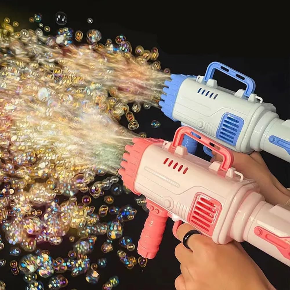 JoyMates New 32-Hole Bubble Maker Gun Toy for Kids with 4 Batteries | Automatic High-Speed Bubble Blaster Machine (We Will Send Rendon Color)